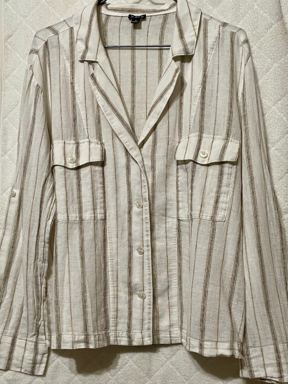 J.Crew Linen Cotton Striped Utility Safari Shirt Size 10 Roll Tab Sleeve Blouse